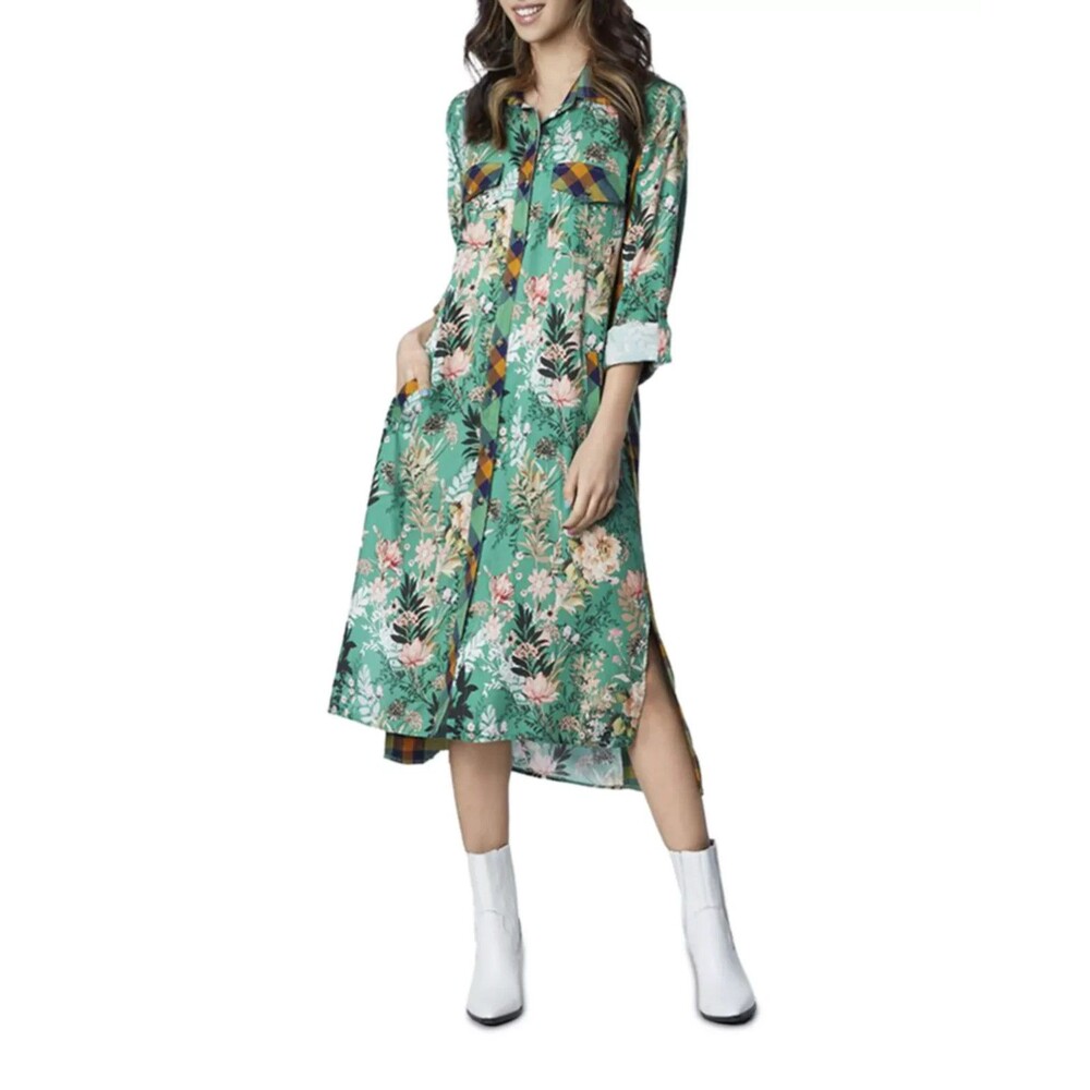 Billy T Women’s S Mixer 2-Way Plaid floral Midi Shirt Dress Button Front Boho